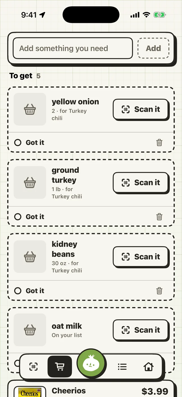 The cart in Yumion: what a recipe needs, each with Scan it, ready to check at the store.
