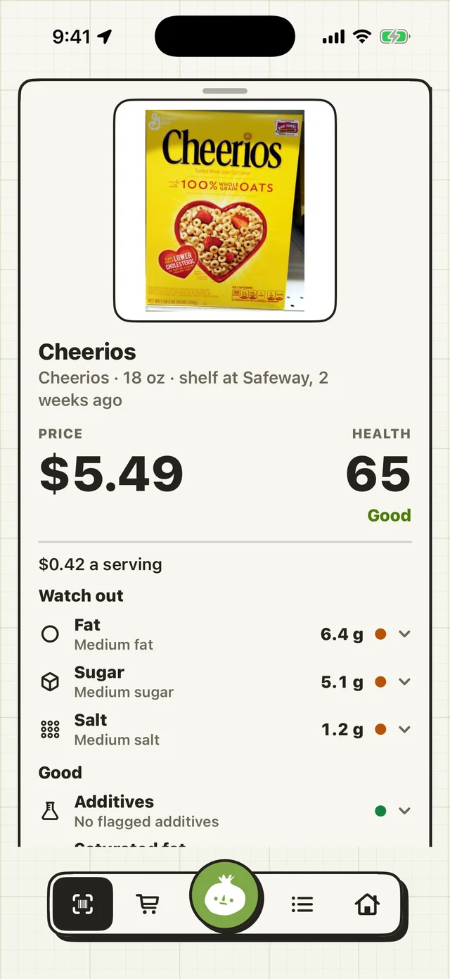 A product in Yumion: Cheerios, health 65, Good, with what to watch: fat, sugar and salt.